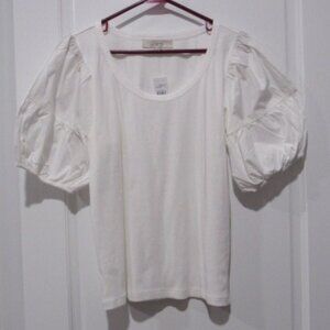 Loft Puff Sleeve Mixed Media Top L NWT